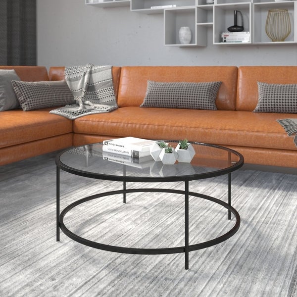 Glass Living Room Coffee Table with Round Metal Frame