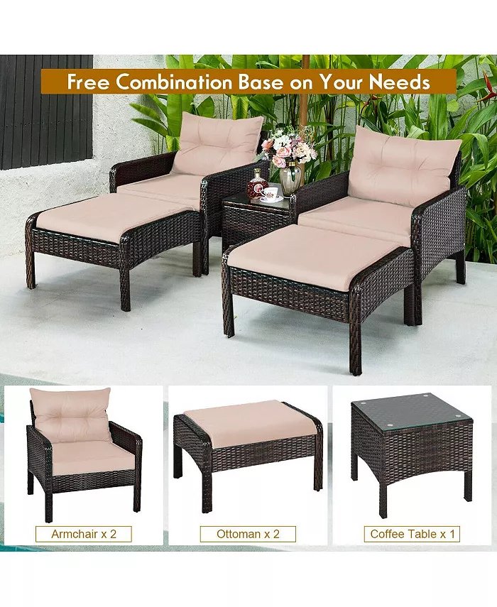 Slickblue 5 Pcs Patio Rattan Sofa Ottoman Furniture Set with Cushions