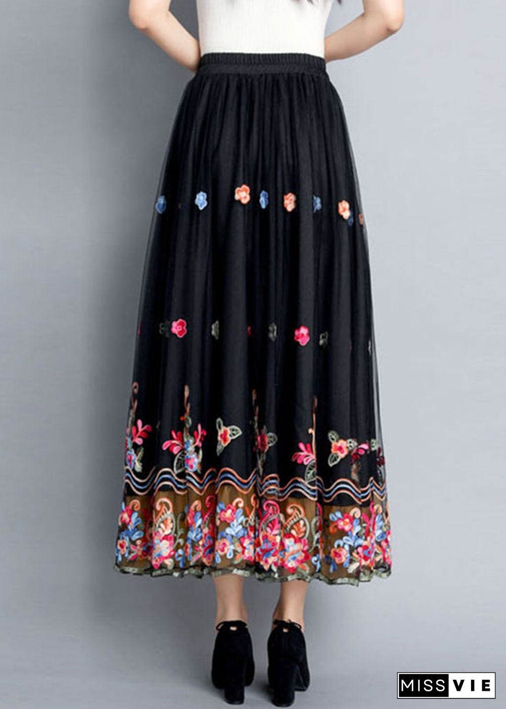 Vintage Black Embroideried Floral Tulle Maxi Skirts Summer