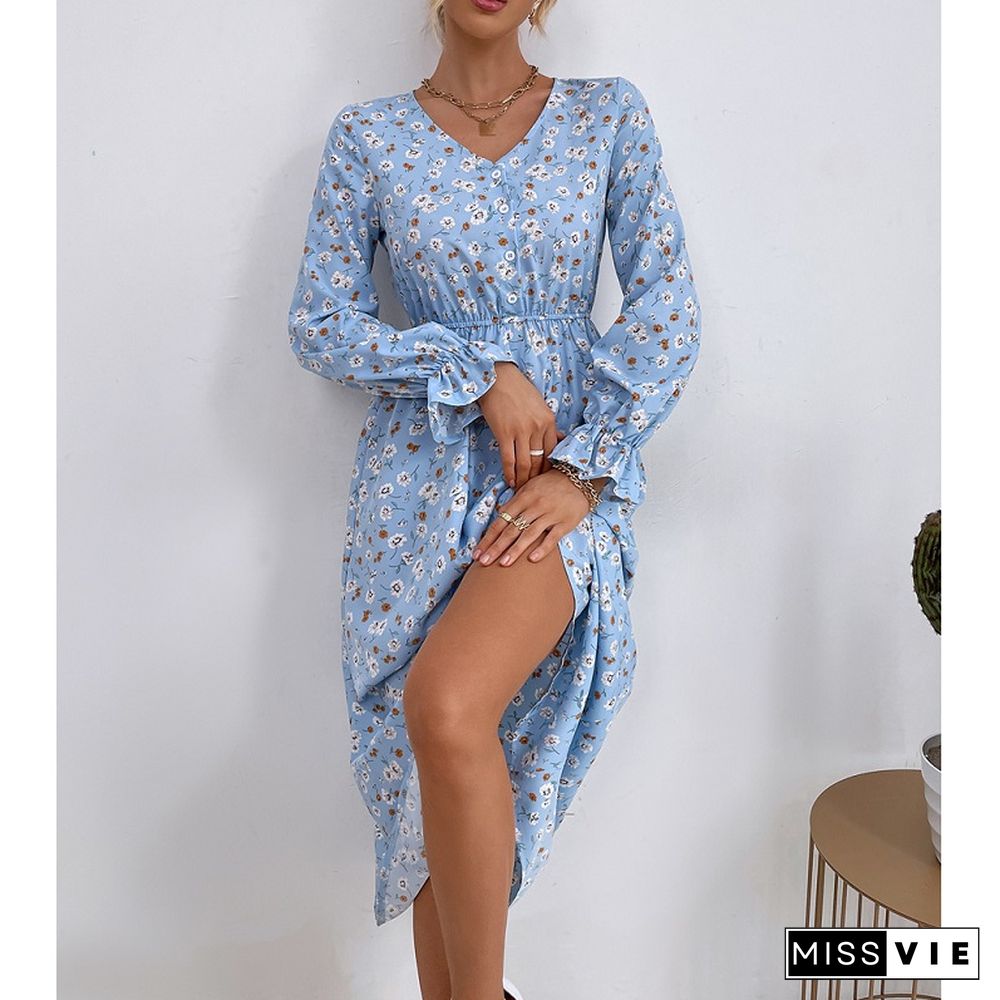 Elegant Women Floral Print Dress Casual Temperament Sweet Single-breasted V-neck Full Flared Sleeve Chic A-line Midi Dress