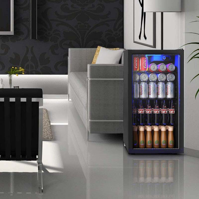 2-in-1 Mini Beverage Cooler Refrigerator Built-In & Freestanding 120 Cans Beer Drinks Wine Fridge with Glass Door