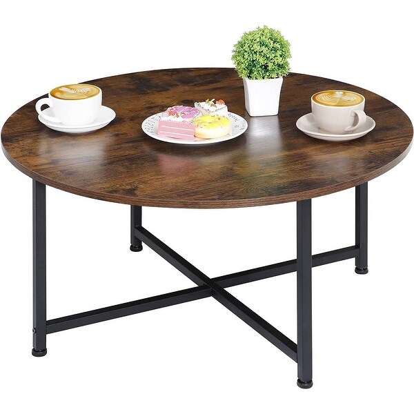 Modern Round Industrial Coffee Table with Rustic Brown Wood Top - 31.5