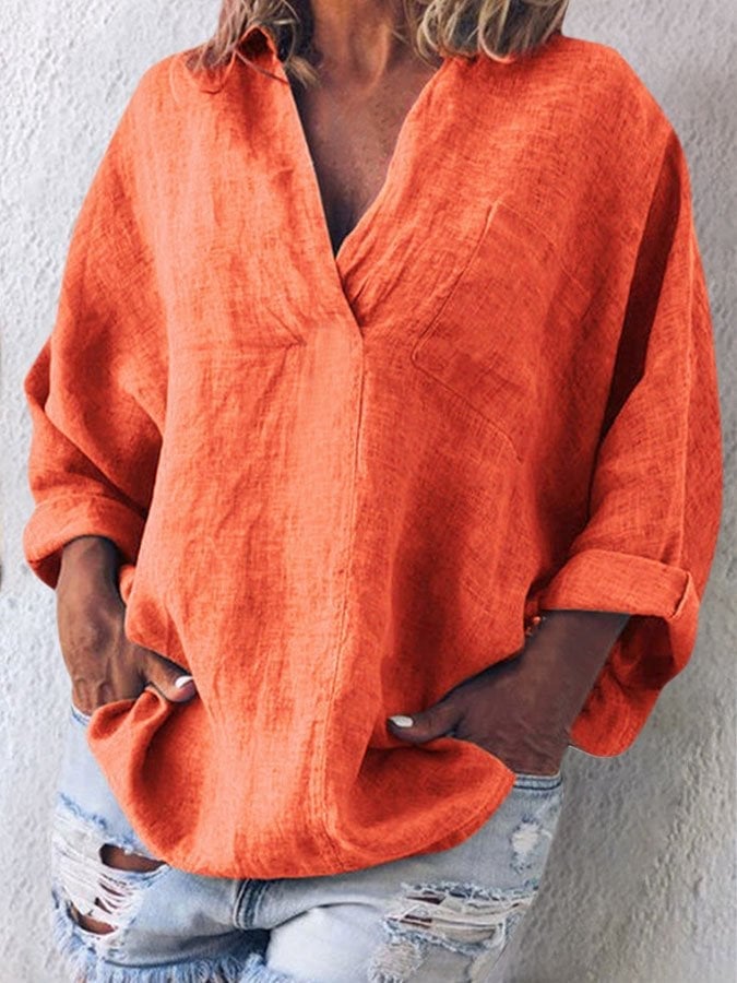 Solid Color V-Neck Long Sleeve Shirt
