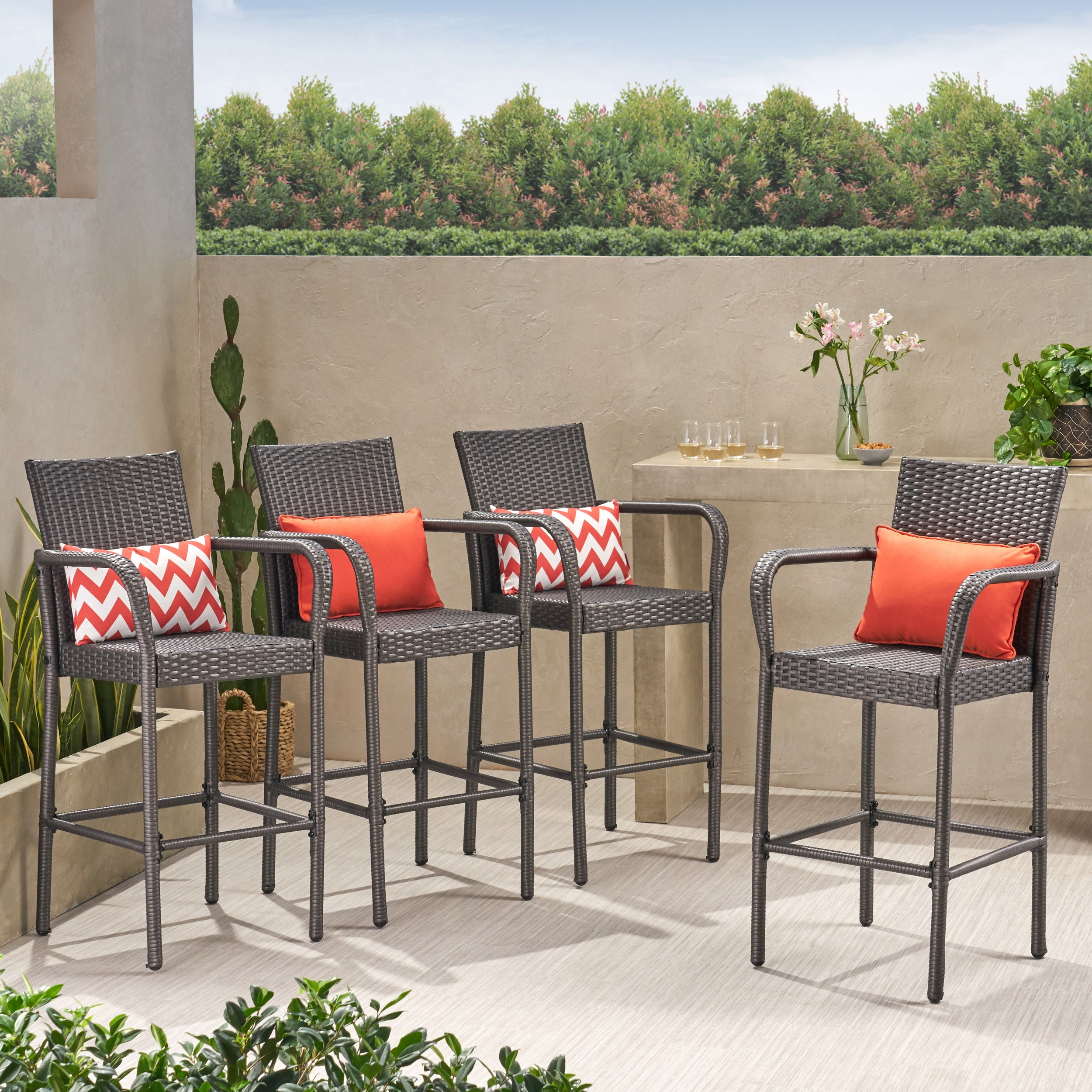 Dunedin Outdoor Coastal Wicker Backed Barstools with Arms