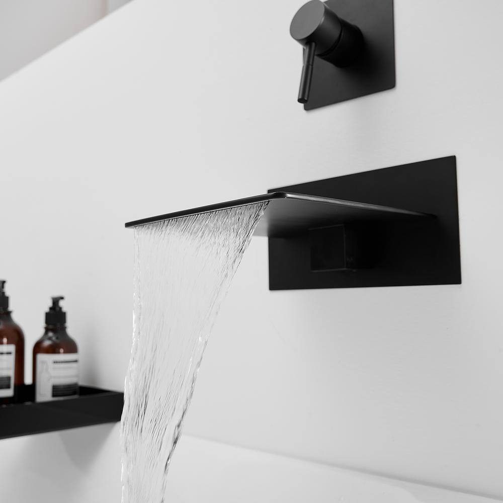 BWE Single Handle Wall Mount Bath Spout Waterfall Tub Black Faucet Bathtub Filler in Matte Black B-93008-Black