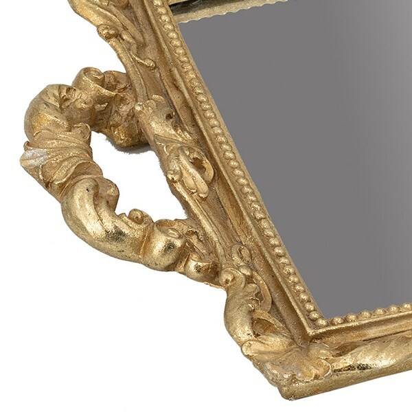 16 Inch Serving Tray， Decorative， Mirrored Bottom， Carved Gold Frame