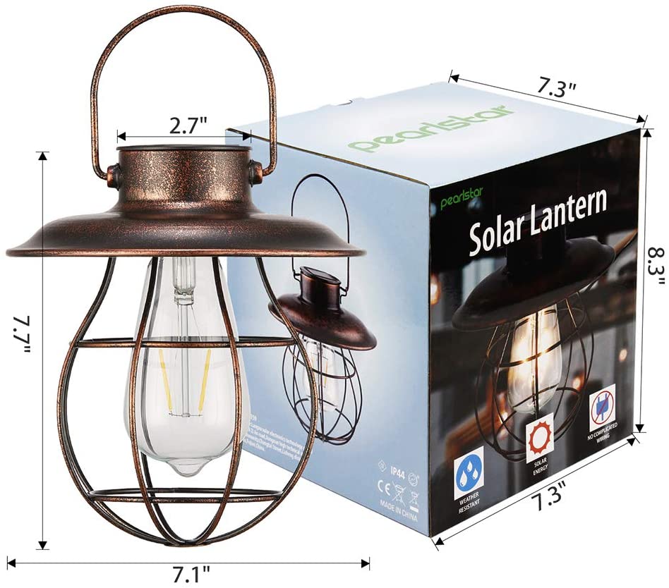 Solar Lantern Metal Hanging Solar Lights Retro Design with Warm Light Edison Bulb for Patio Garden