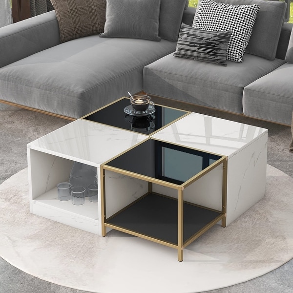 Modern Unique 2-Layer Coffee Table with Metal Frame，Square Cocktail Table with High Gloss - as picture