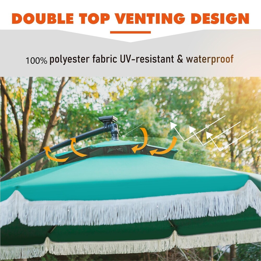 Outdoor 10Ft Double Top Crank Umbrella Patio Cantilever Umbrella with Fringe Tassel and LED Lights