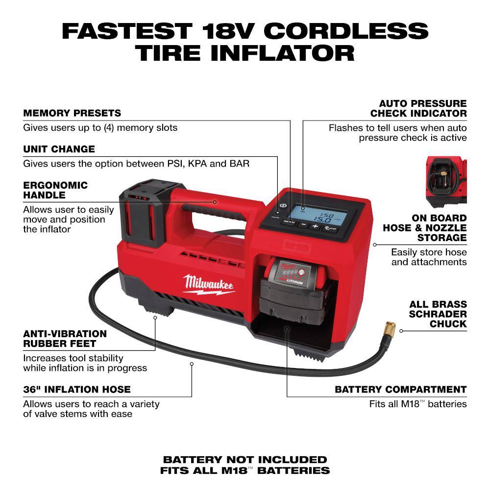 MW M18 18-Volt Lithium-Ion Cordless Electric Portable Inflator (Tool-Only) 2848-20