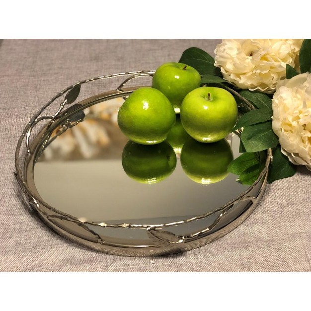 Classic Touch Round Mirror Tray With Leaf Design