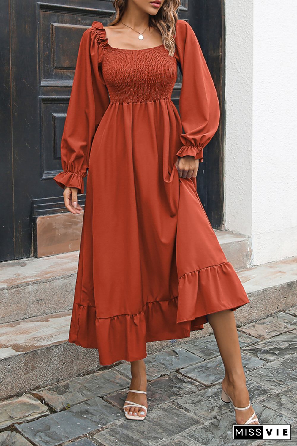 Smocked Square Neck Ruffles Maxi Dress