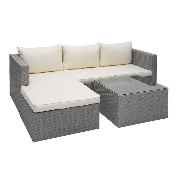 3 Piece Wicker Sectional Conversation Set with Cushions - Grey