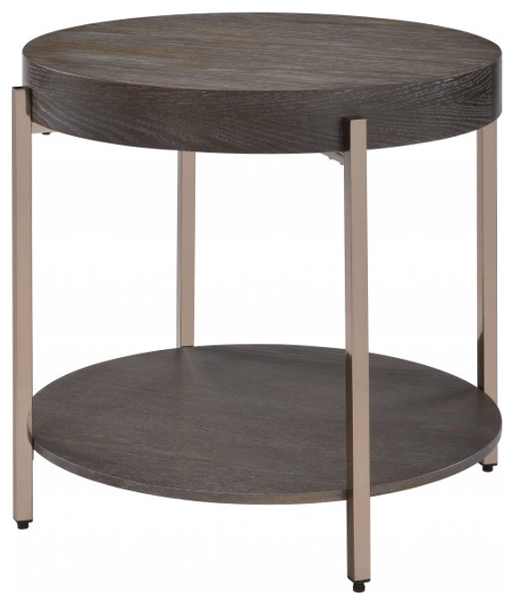 23 quotChampagne Metal And Dark Oak Manufactured Wood Round Two Tier End Table   Contemporary   Side Tables And End Tables   by HomeRoots  Houzz