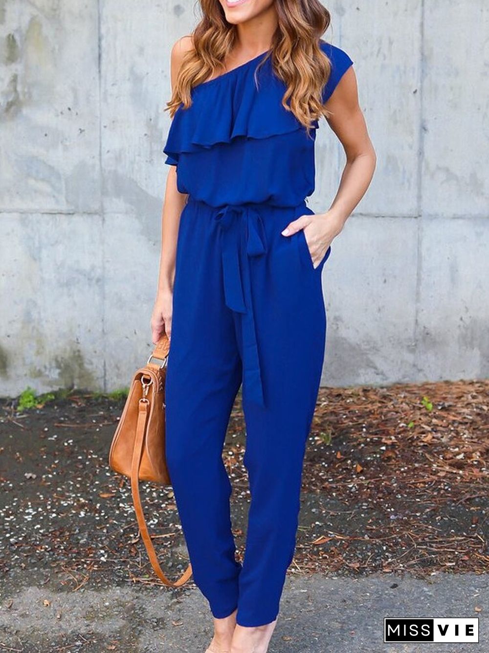 Women Casual Sleeveless Solid Tie-up Rompers Elegant Diagonal Neck Ruffle Playsuit Summer Fashion Backless Loose Office Jumpsuit