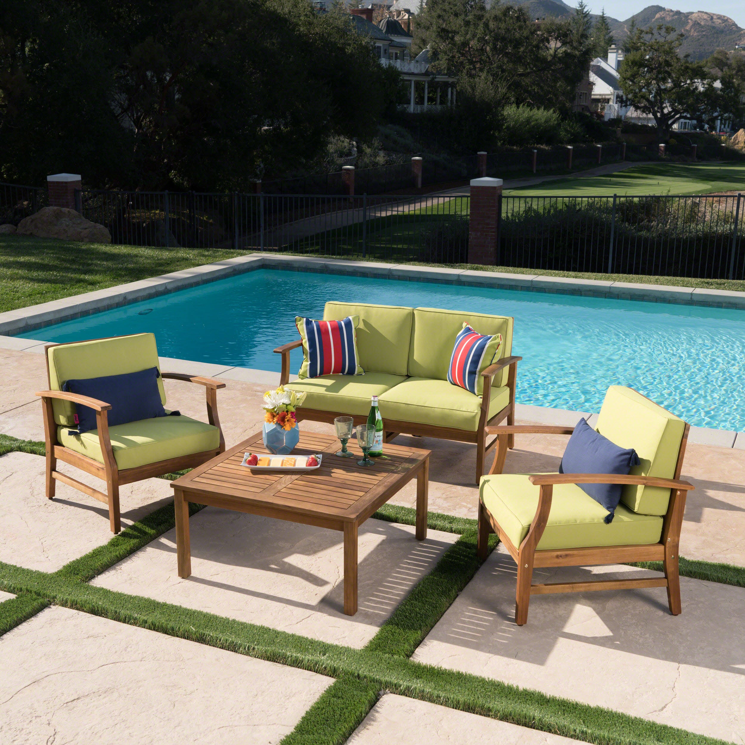 Lorelei Outdoor 4 Seat Teak Finished Acacia Wood Chat Set with Water Resistant Cushions