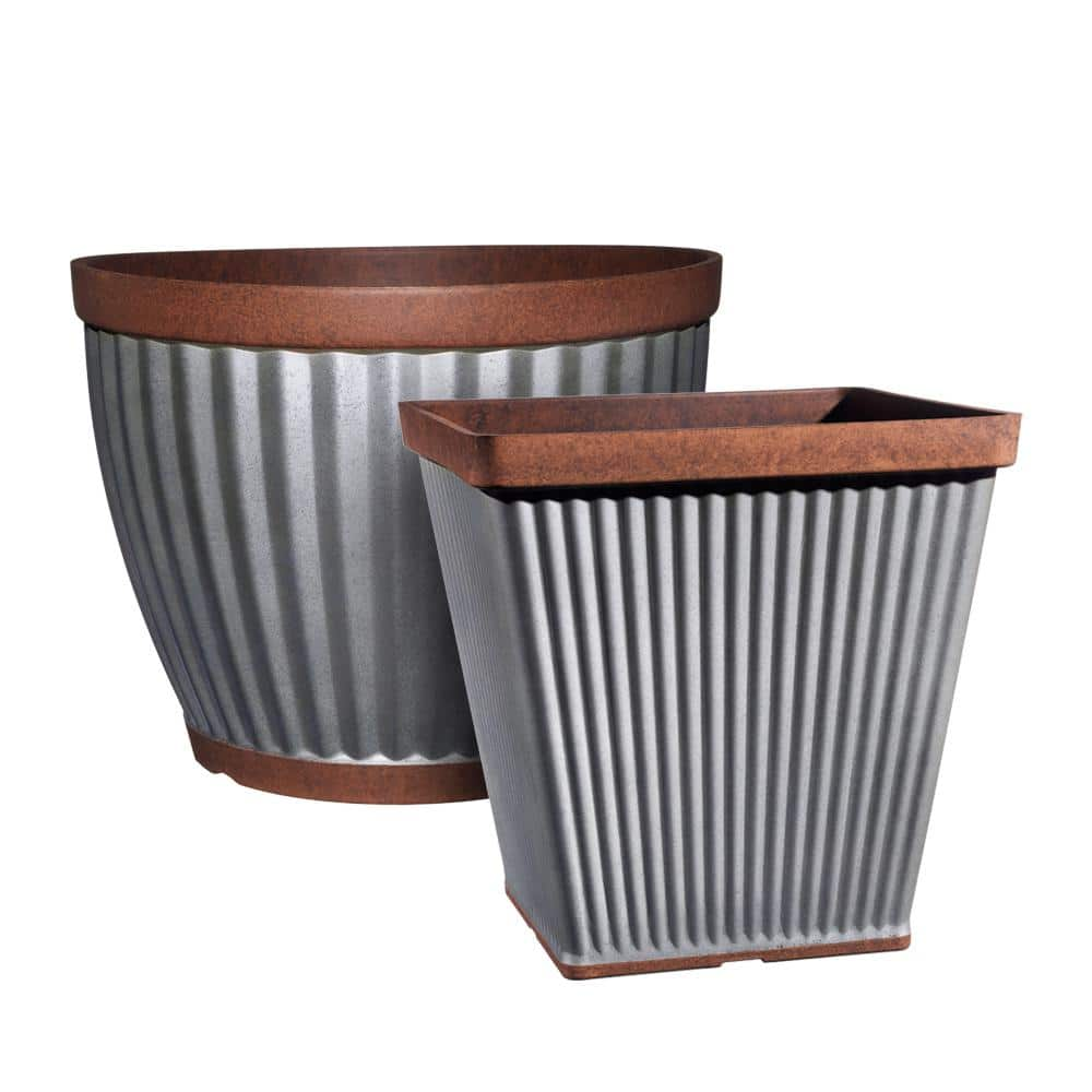 Classic Home and Garden Spokane 14 in. Galvanized Resin Square Planter with Copper Rim 5114-588R