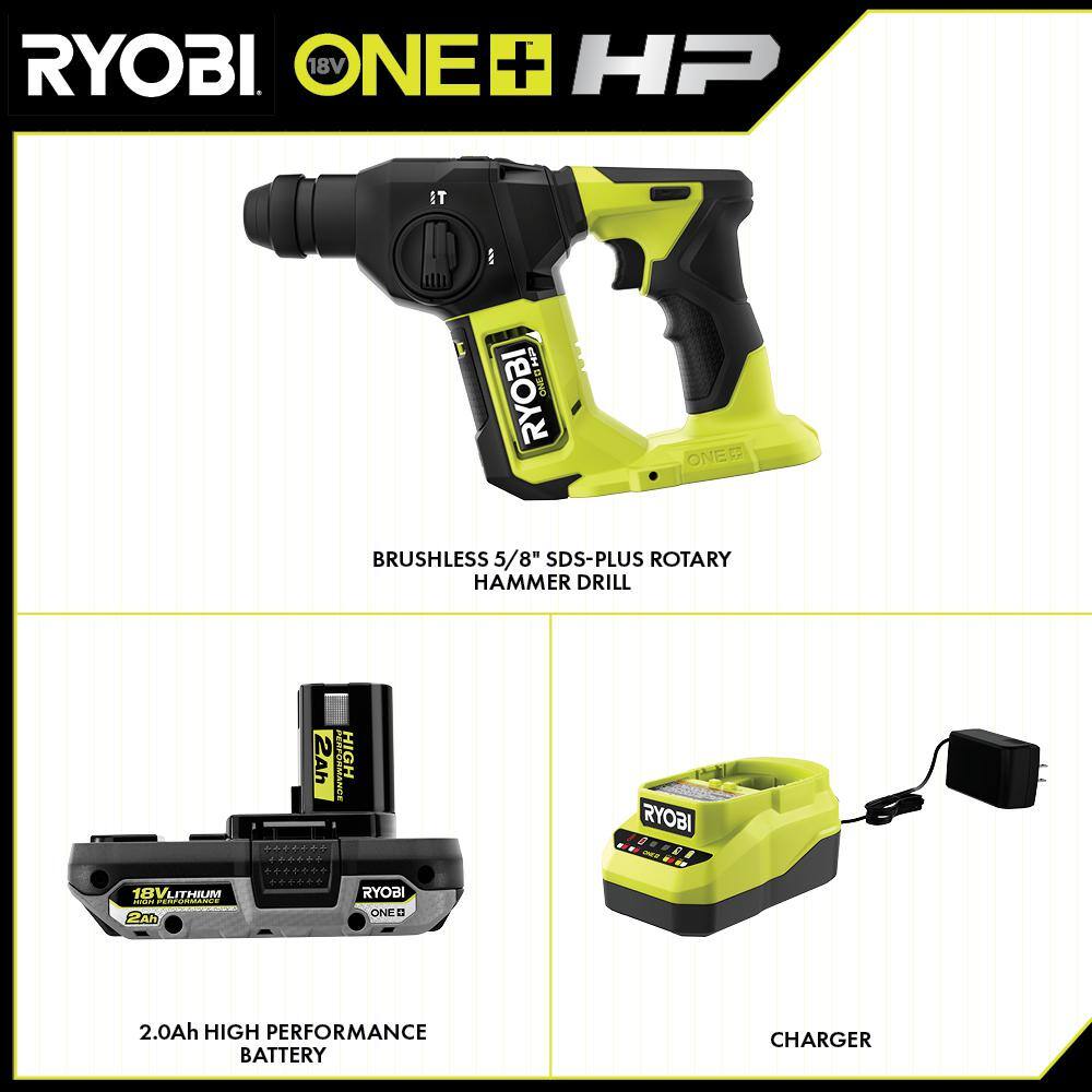 RYOBI ONE+ HP 18V Brushless Cordless Compact 58 in. SDS Rotary Hammer Kit with 2.0 Ah HIGH PERFORMANCE Battery and Charger PSBRH01K1