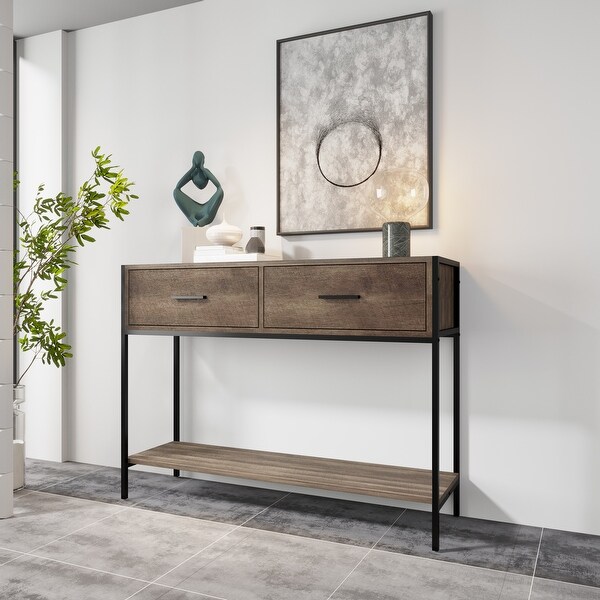 Classic Console Table with Two Top Drawers and Open Shelf， Vintage Storage with Sturdy Metal Frame.