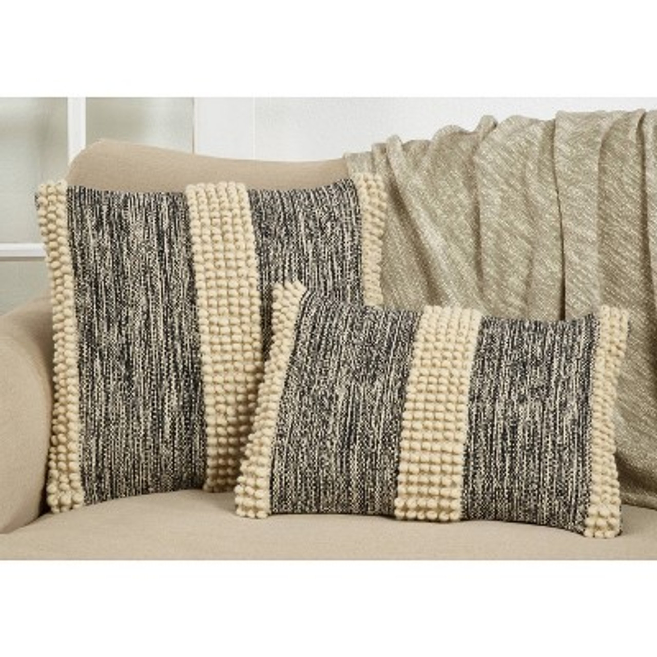 22x22 Oversize Pom-Pom Striped Square Throw Pillow Cover Cream/Black - Saro Lifestyle