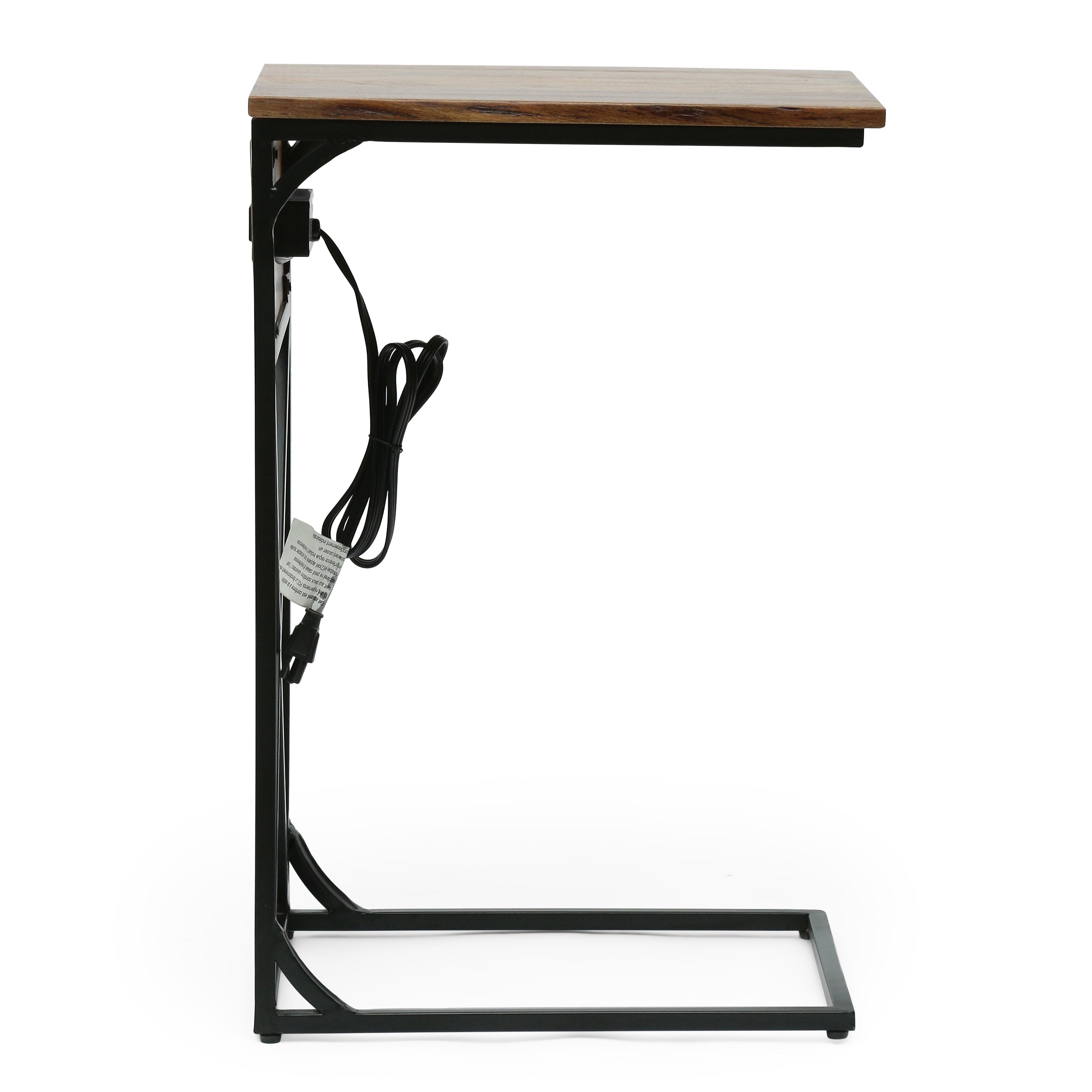 Sunqueen Modern Industrial Handcrafted Acacia Wood C-Shaped Side Table with Charging Port, Natural and Black