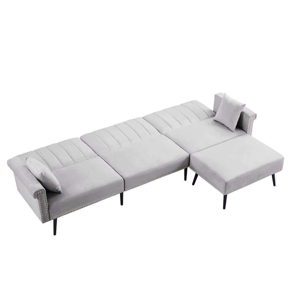 Velvet Upholstered L Shaped Sectional Sofa Convertible Sofa Bed with Nailhead Trim and Ottoman  Adjustable Backrest Positions