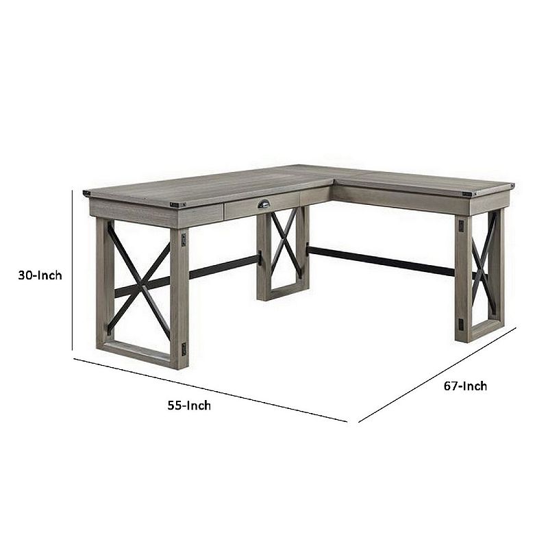 L Shaped Writing Desk with 1 Drawer and Sled Base， Oak Gray