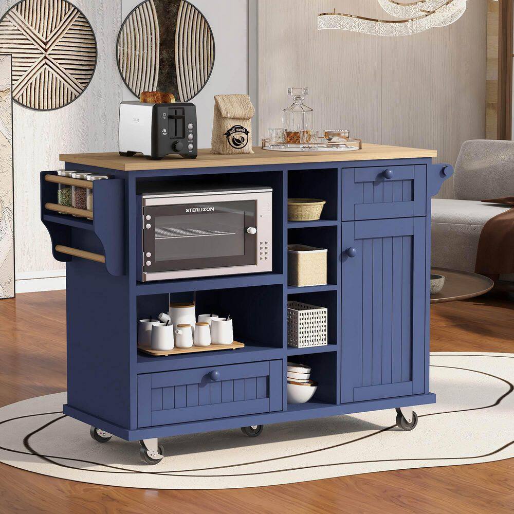 tunuo Dark Blue Rolling Kitchen Island Cart with Rubber Wood Top and Microwave Cabinet (51 in. W) SFWF-296670DB