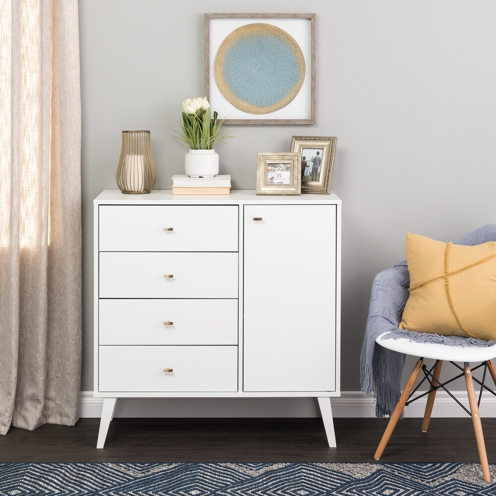 Prepac Milo Mid Century Modern 4 Drawer Combo Dresser  Chest of Drawers With Door  Contemporary Bedroom Furniture