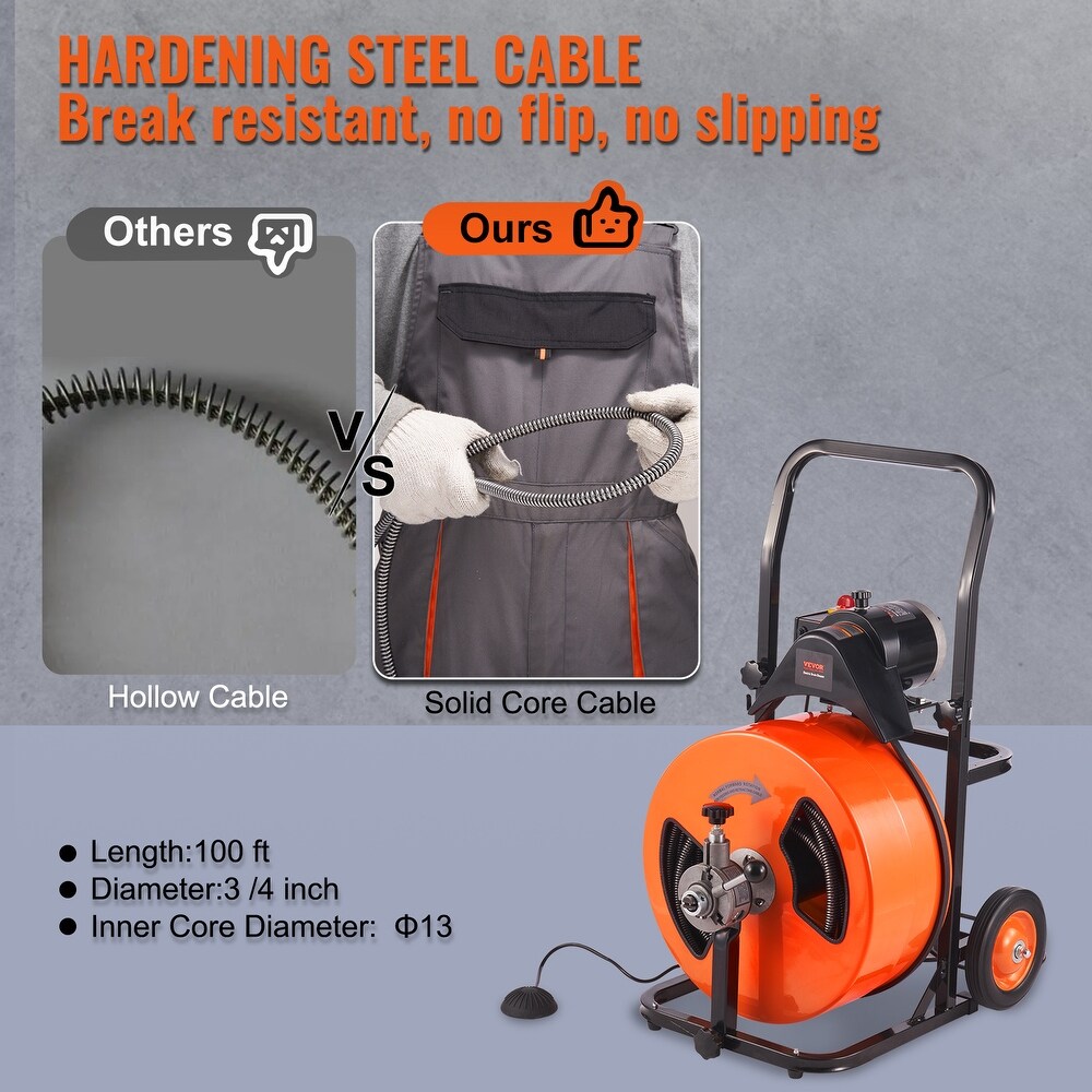 VEVOR 1800rpm Drain Cleaning Machine Sewer Auger Auto Feed with 4 Cutter Air activated Foot Switch for 1\