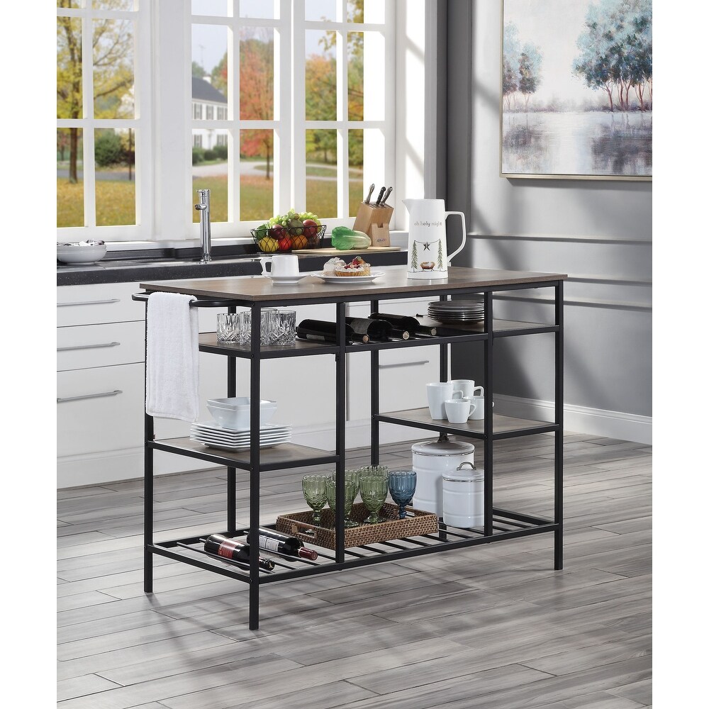 Industrial Kitchen Island with Towel Rack and 6 Open Compartments  Metal Frame Storage Kitchen Cart for Dinning Room