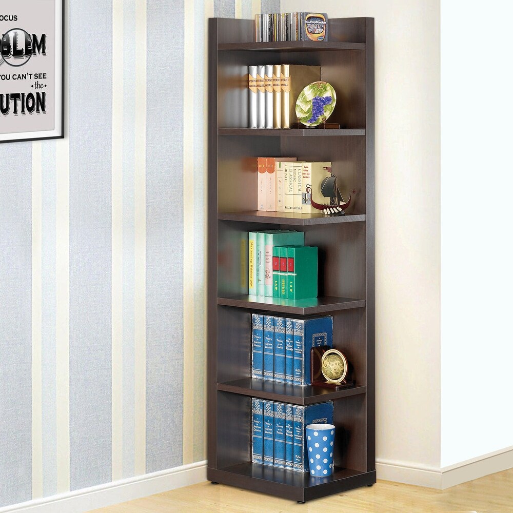 Radiant Brown Wooden Corner Bookcase   71 H x 19.75 W x 15.75 L