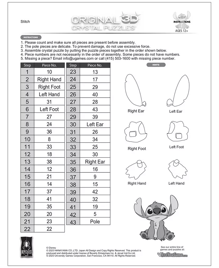 University Games Bepuzzled 3D Crystal Puzzle Disney Stitch 43 Pieces