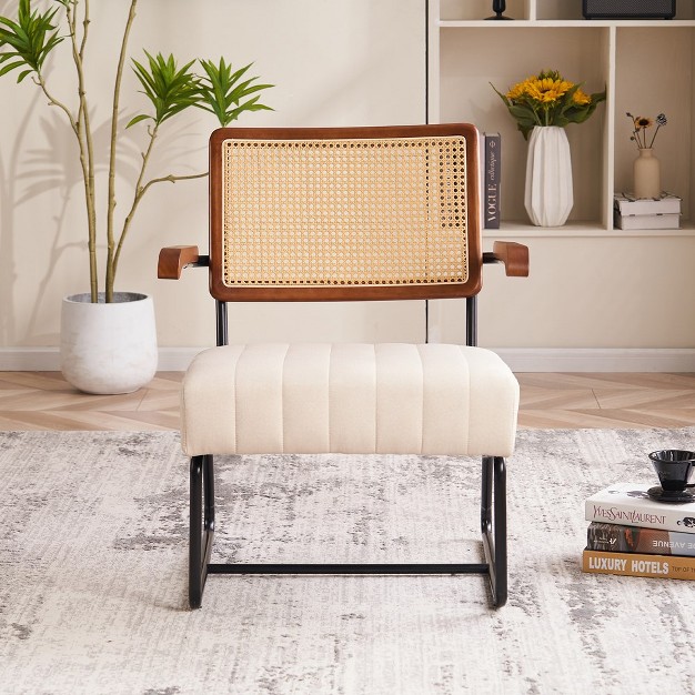 Ferpit Elegant Wicker Upholstered Accent Chair With Wooden Armrests