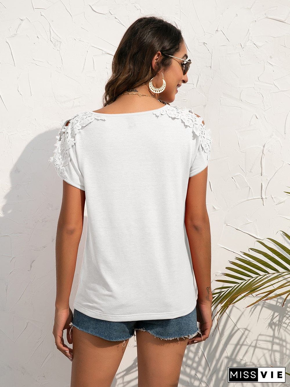 Shoulder Cutout Lace Sleeve Shirt