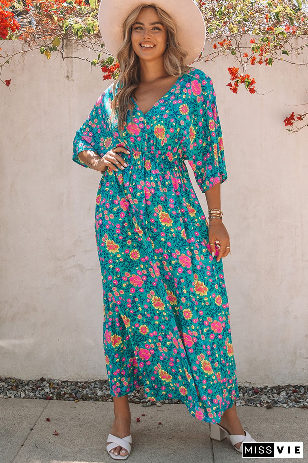 Green Boho Deep V Neck Floral Maxi Dress