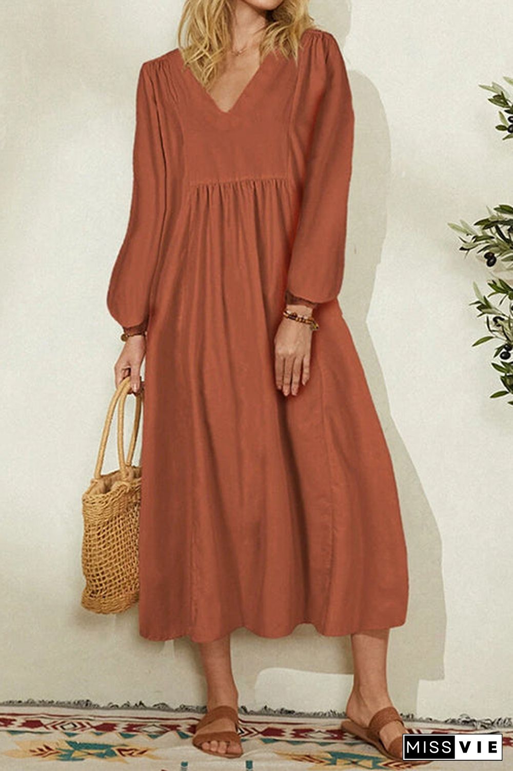 V Neck Puff Long Sleeve Maxi Dress