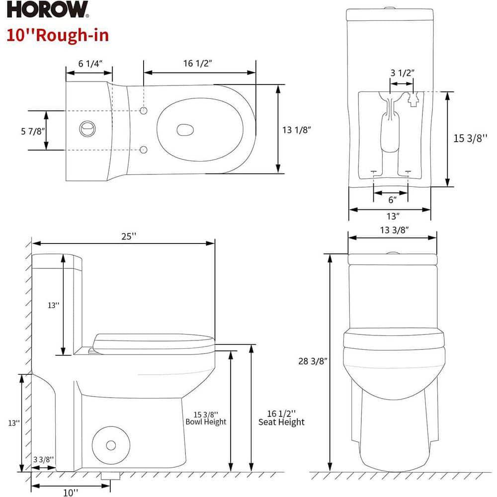 HOROW 10 in RoughIn 1piece 08128 GPF Dual Flush Round Toilet in White Seat Included