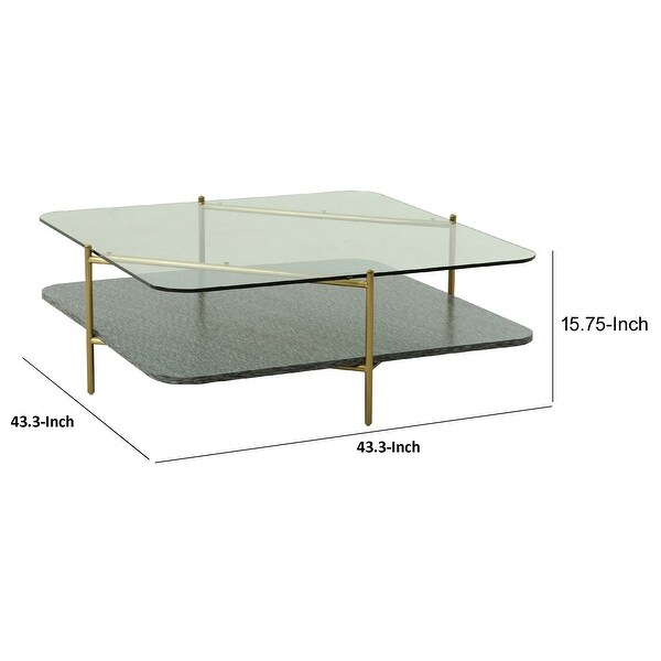 Cid Troy 43 Inch Modern Coffee Table， Glass Top， Gold Metal Legs， Gray