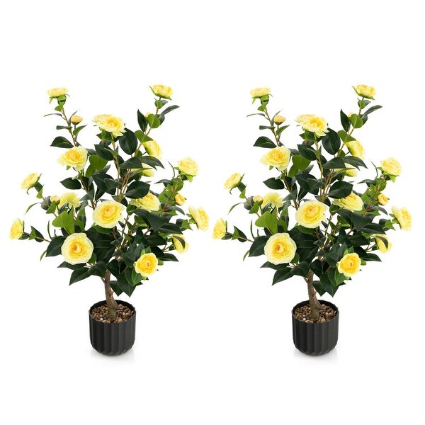 38 Inch Artificial Camellia Tree Faux Flower Plant in Cement Pot