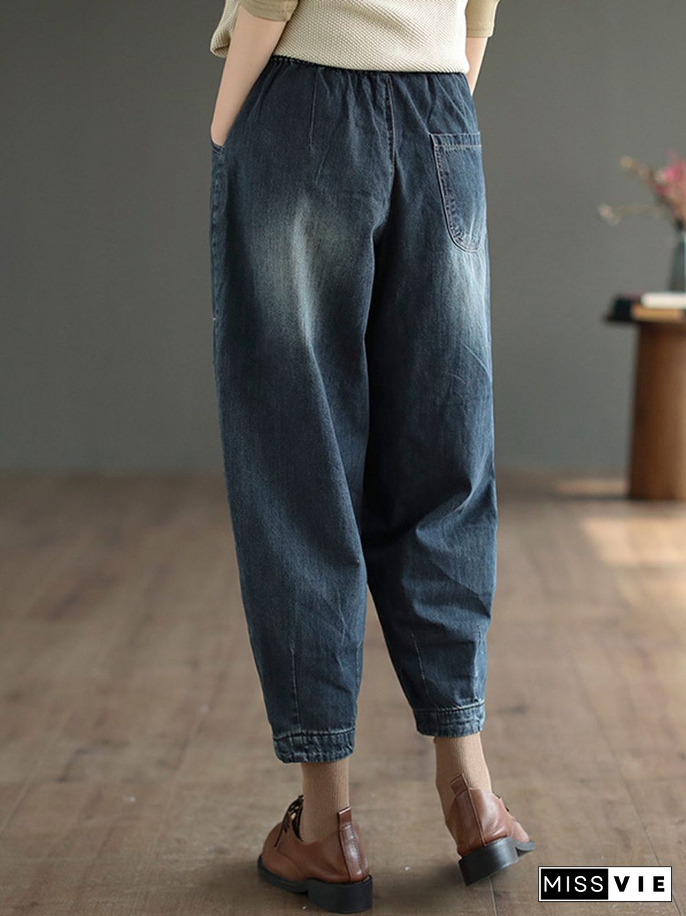 Vintage Loose Embroidered Elasticity Harem Jean Pants Bottoms