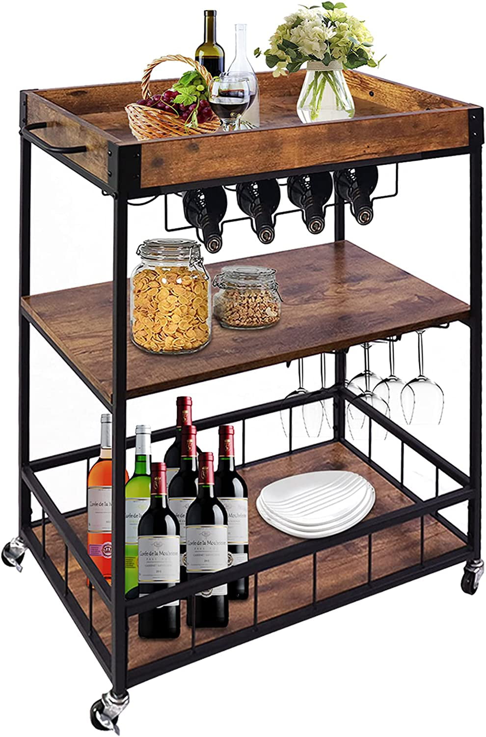 aboxoo Serving Bar Wine Cart 3 Tier Home Rolling Rack with Wheels Mobile Kitchen Industrial Vintage Style Wooden Metal Serving Trolley Serving Cart，Glass Holder Bar Cabinet