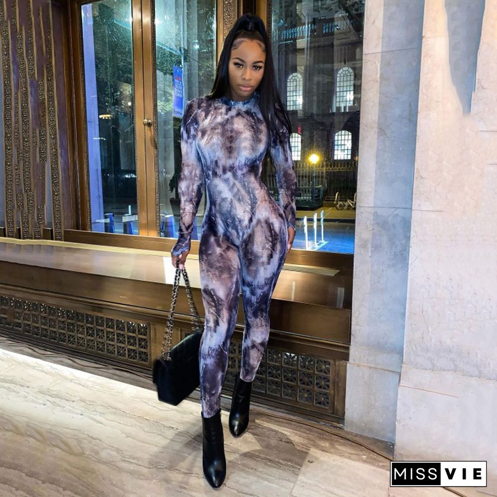 Tie Dye Long Sleeve O Neck Bodycon Jumpsuit