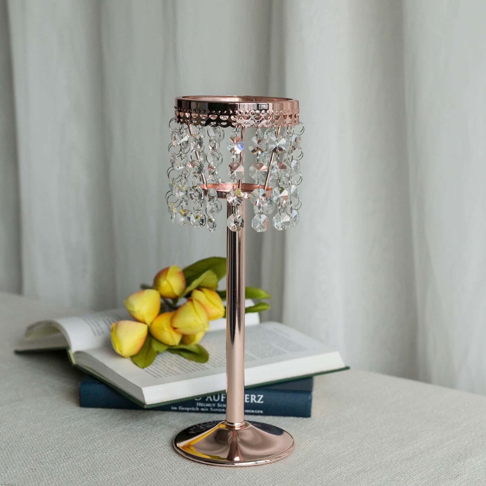 Rose Gold Crystal Beaded Chandelier Votive Pillar Candle Holder, Metal Tealight Candle Stand 12