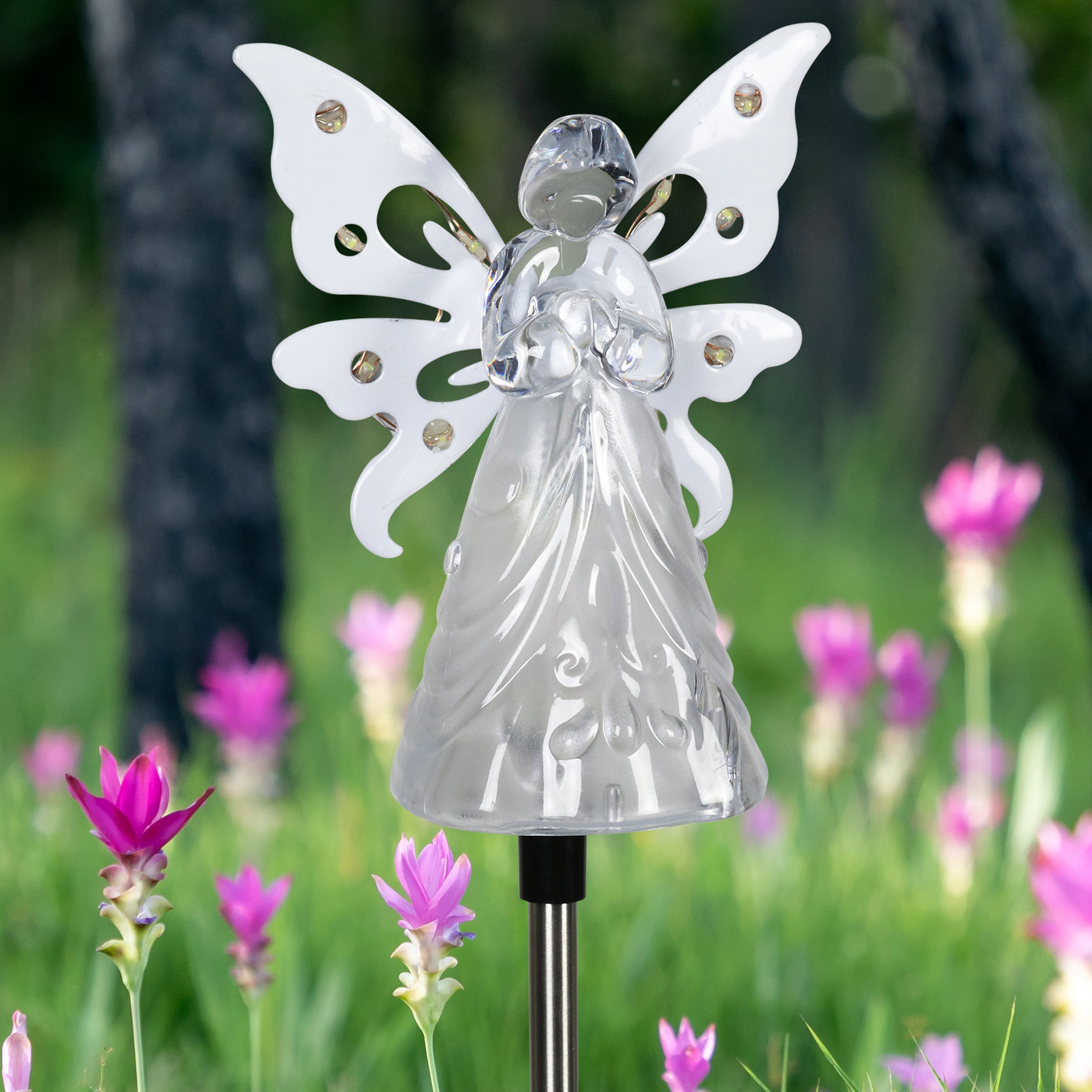 Exhart  White Angel Solar Powered Garden Stake， 4x34 inches， Plastic (Decor for Home Patio， Outdoor Garden， Yard or Lawn)