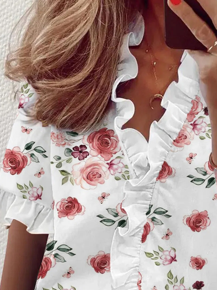 Floral V Neck Casual Short Sleeve Loosen Tops