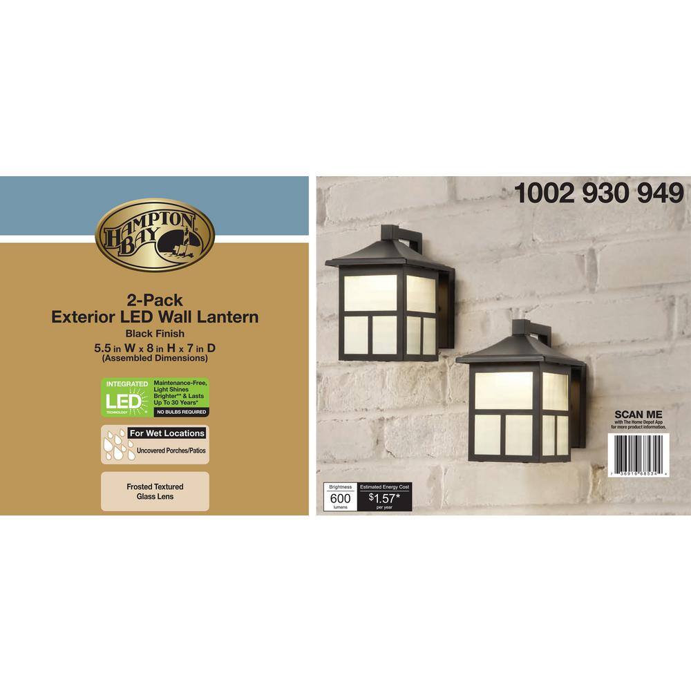 Hampton Bay Black LED Outdoor Wall Light Fixture with Frosted Textured Glass (2-Pack) BAL-012