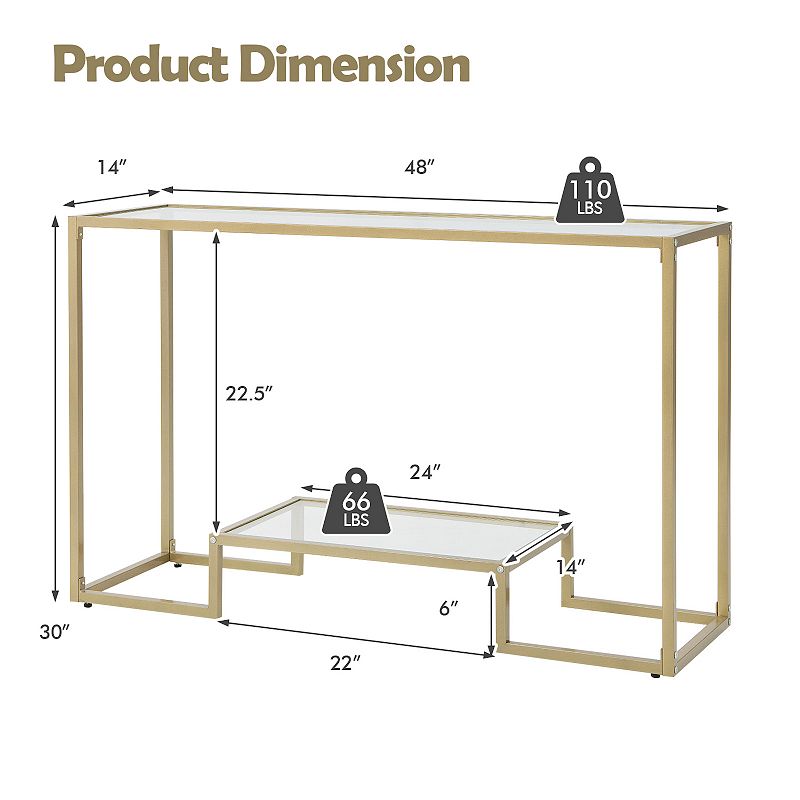 48 Inch 2-Tier Console Table with Tempered Glass Tabletop for Hallway-Golden