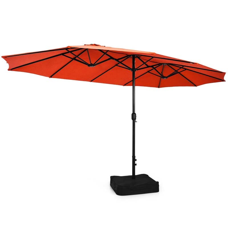 15FT Double-Sided Twin Patio Umbrella with Base & Crank System, Extra-Large Cantilever Market Umbrella