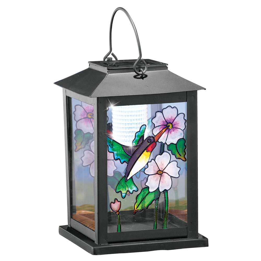 Collections Etc Beautiful Stained Glass-Effect Solar Hummingbird Outdoor Lantern， Black